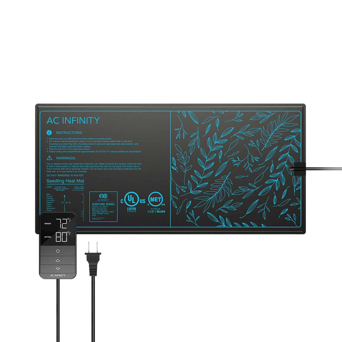 SUNCORE H3, Seedling Heat Mat with Heat Controller, IP-67 Waterproof, 10" x 20.75"